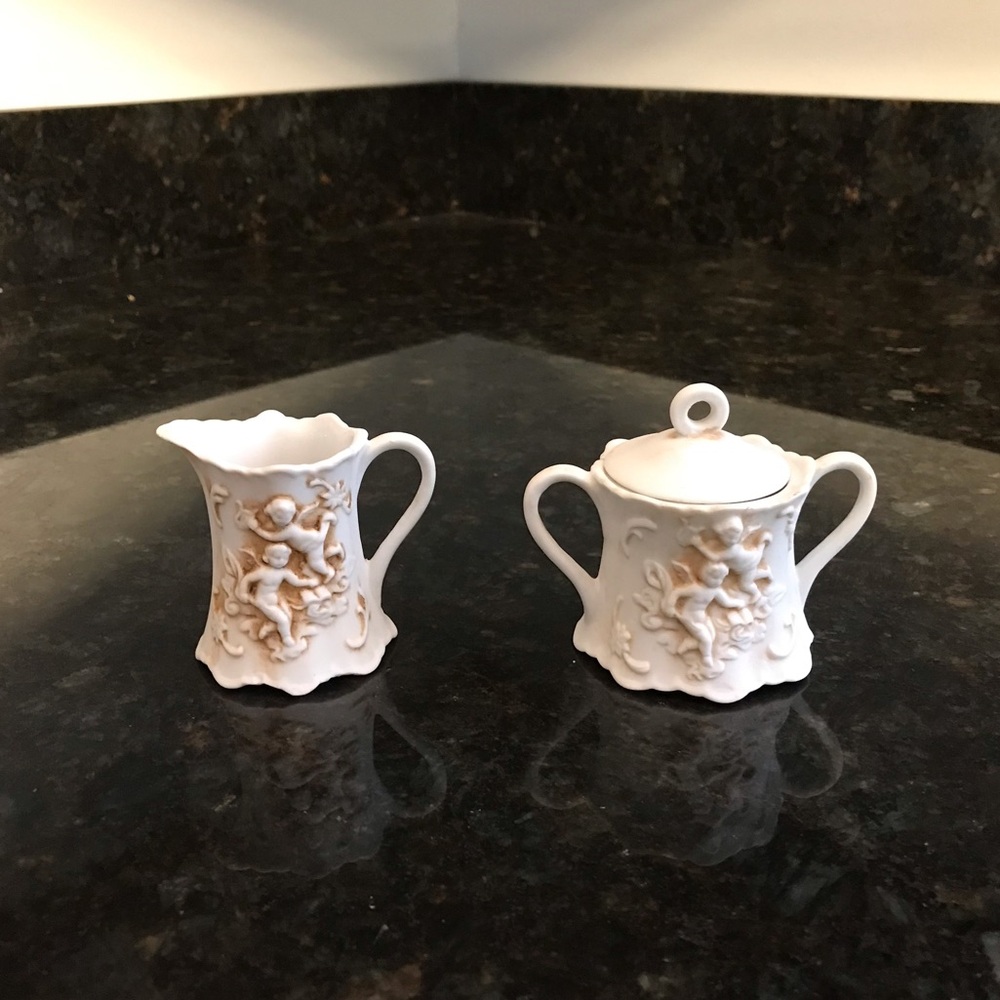 Lefton Bisque Cream and Sugar Set c1950’s with Cherub
